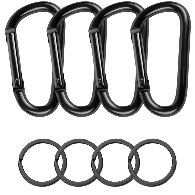 4 Aluminium Karabiner, Karabiner Set mit D-Clip, Schwarz, für Campingzubehör