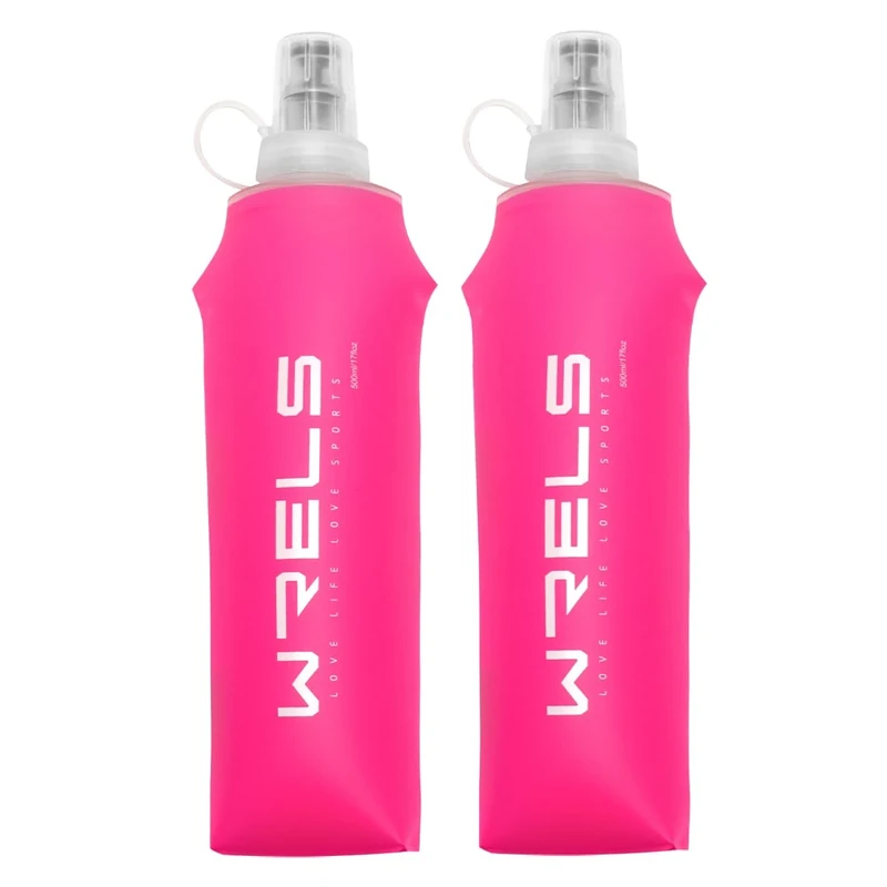 WRELS TPU Faltbare Trinkflasche,BPA-Frei Soft Flask,Flexible Faltbare Trinkflasche Laufen,Leichte Sportflasche Wasserflasche für Joggen,Wandern,Reisen,Radfahren(Rosa 500ml x 2)