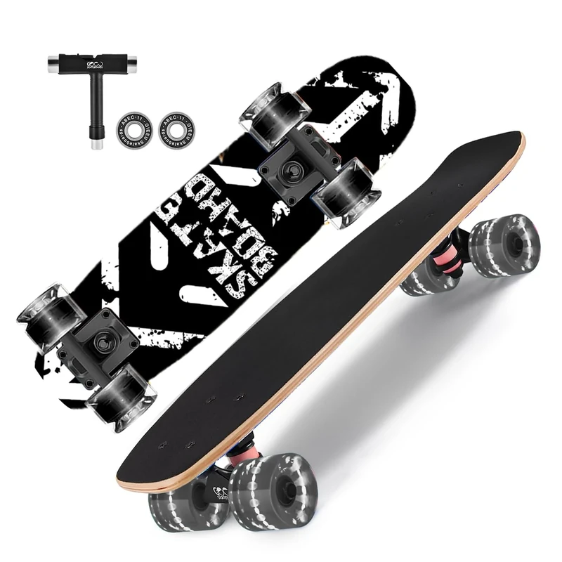 GIEEU Skateboards mit bunten blinkenden Rädern für Anfänger, Kinder, Jugendliche, Erwachsene, Mini-Cruiser-Board, 9-lagig, kanadisches Ahorn-Deck (X-Schwarzweiß)