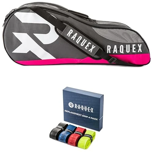Raquex Tennistasche - Schlägertasche für Tennis, Badminton & Squashschläger Blau, Schwarz oder Magenta, Badmintontasche, Platz für bis zu 6 Schläger + Zubehör + Turnschuhe (Magenta + 4 Griffe)