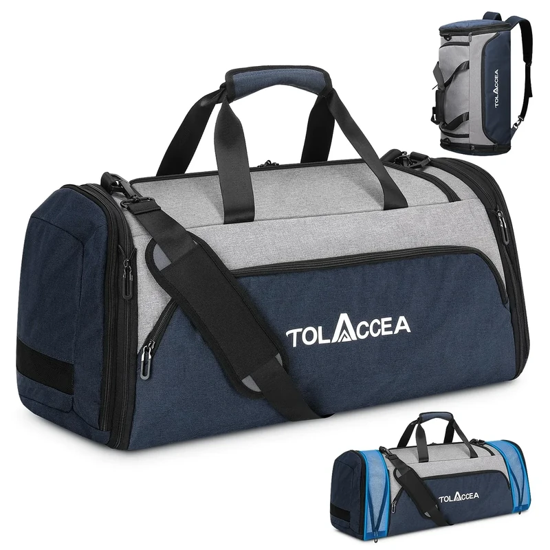Tolaccea 54L-72L Erweiterbare Sporttasche für Damen Herren,Groß Reisetasche Rucksack mit Schuhfach,Fitness Trainingstasche für Gym,Reise,Schwimmen,Sauna,fußball (Blau-Grau)