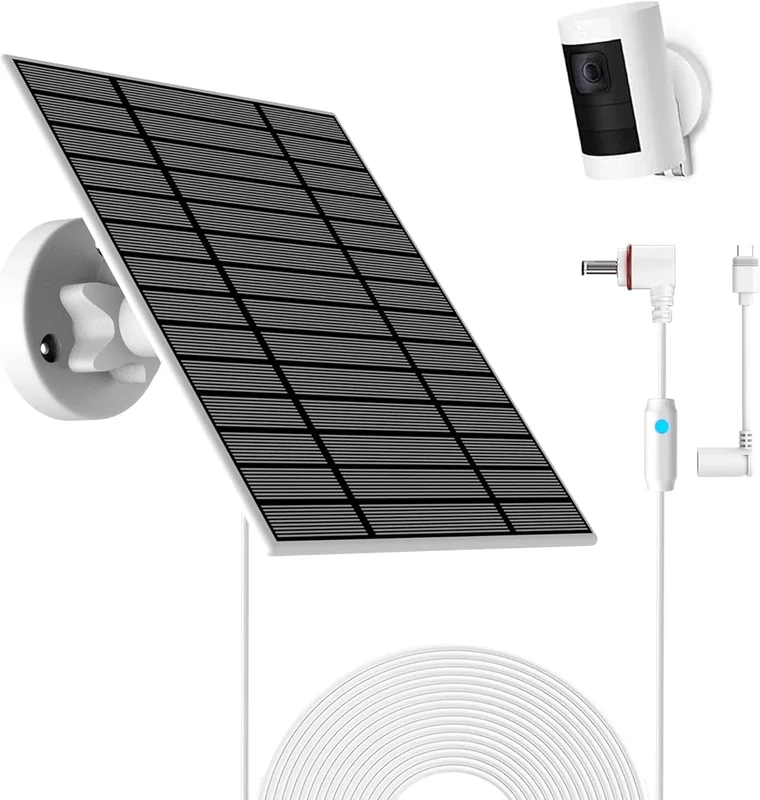 6W Solarpanel kompatibel mit Ring Spotlight Cam Plus/Pro und Stick Up Cam, Solar Ladegerät für Ring Cam mit Leuchtanzeige, 4m Kabel, IP66 Solarpanel, 3,5 mm USB-C und DC Ports.