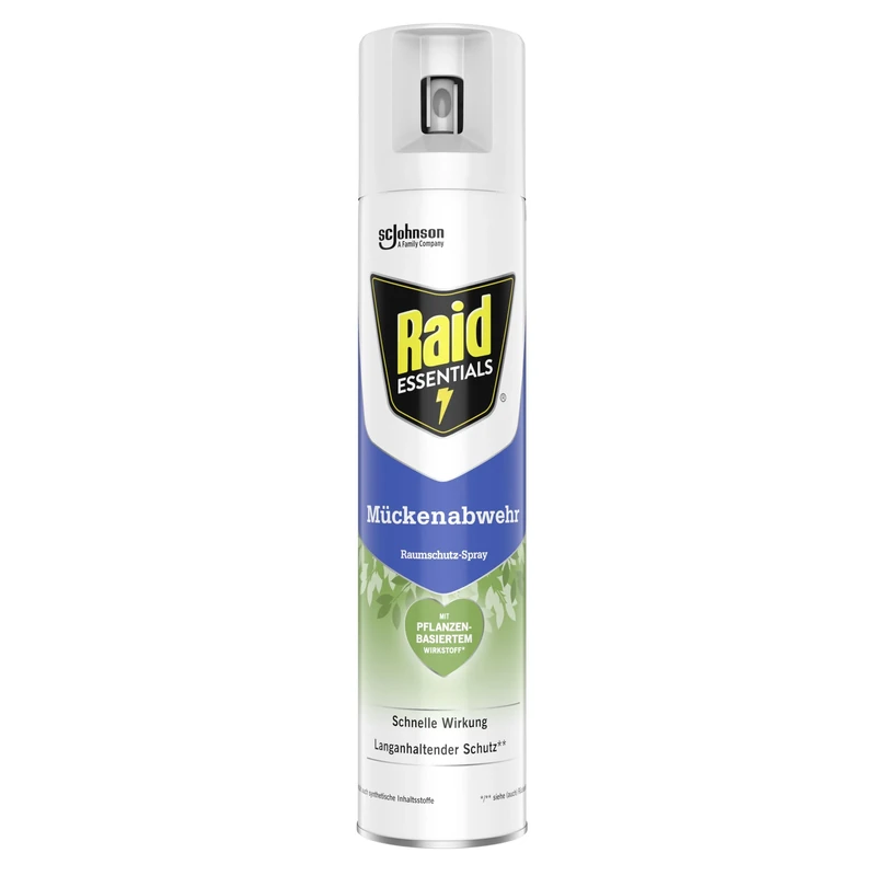 Raid Essentials Mückenschutz Raumschutz-Spray, natürlicher Schutz mit pflanzlichen Wirkstoffen, geruchsneutral, bis zu 4 Stunden wirksam, 300 ml Sprayflasche