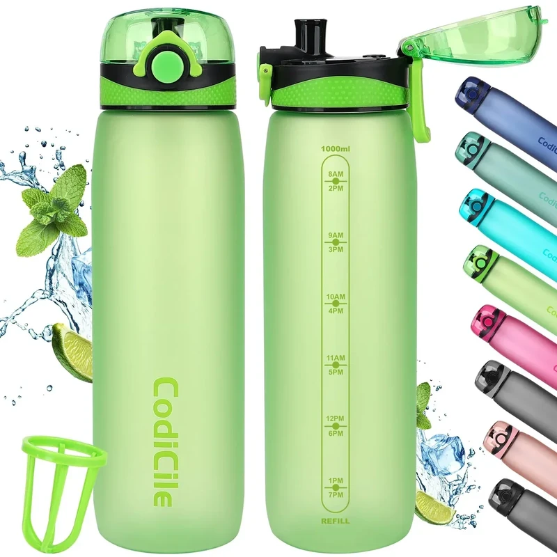 CodiCile Trinkflasche 1L, Wasserflasche 1L BPA-Frei, Auslaufsichere 1 Liter Trinkflasche, Tritan Sportflasche mit Filter für Fitness,Laufen, Schule, im Freien, grün