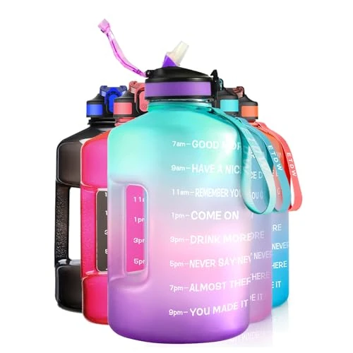 ETDW 3,78 Liter Trinkflasche mit Strohhalme & Handle, Auslaufsicher Wasserflaschen mit Zeitangaben, Tragbarer Eimer Auto WasserbehäLter für Outdoor Fitness Gym