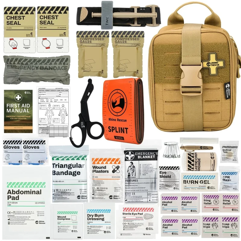RHINO RESCUE IFAK, Erste-Hilfe-Kit, Trauma Notfallversorgung Taktische mit Chest Seal, Gaze und Bandage für Jagd, Camping, Reisen (Khaki PRO)