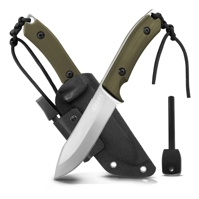 GREIFS® Outdoor-Messer aus D2 Stahl mit Kydex Holster und Feuerstahl, edles Survival Messer für die Bushcraft Ausrüstung, Jagdmesser, Schnitzmesser, Fahrtenmesser (Milan/Silber-Grün)