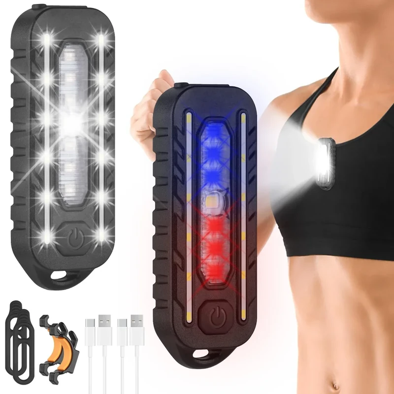 Adiwo 2 Stück LED Clip Lampe, 5 Lichtmodi Lauflicht Klein Stirnlampe Einstellbare Stirnlampe USB Lampe IPX4 Wasserdicht Wiederaufladbar Blinklicht mit Rotlicht Leuchteffekte für Joggen Campen