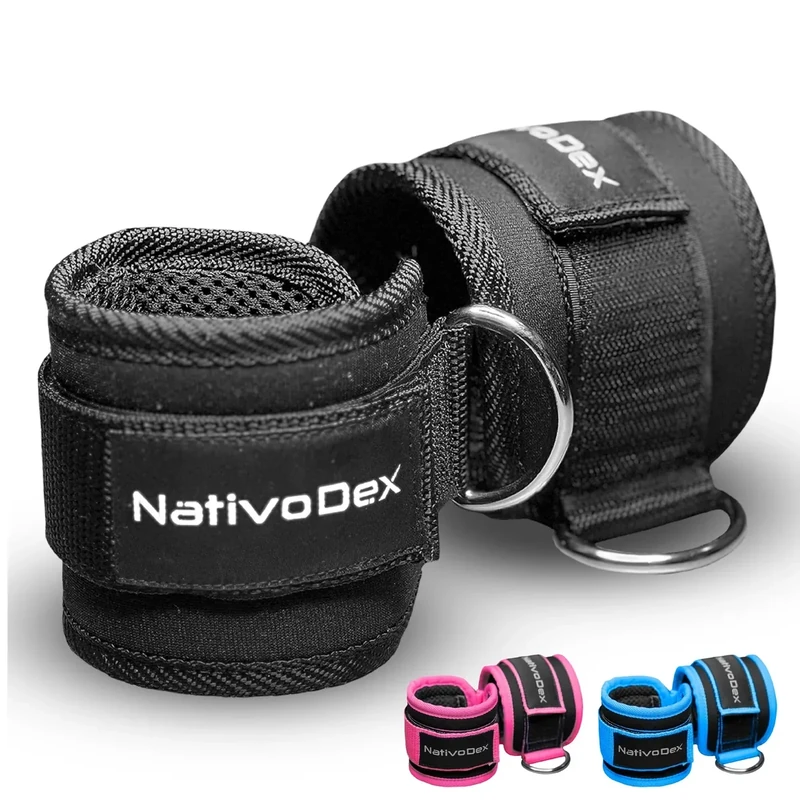 NativoDex Fußschlaufe Kabelzug (2 Stück) - Knöchelriemenscheiben Krafttraining Fußmanschetten mit 2 D-Ringen - Ankle Straps für Gym Fitness Training (Schwarz)