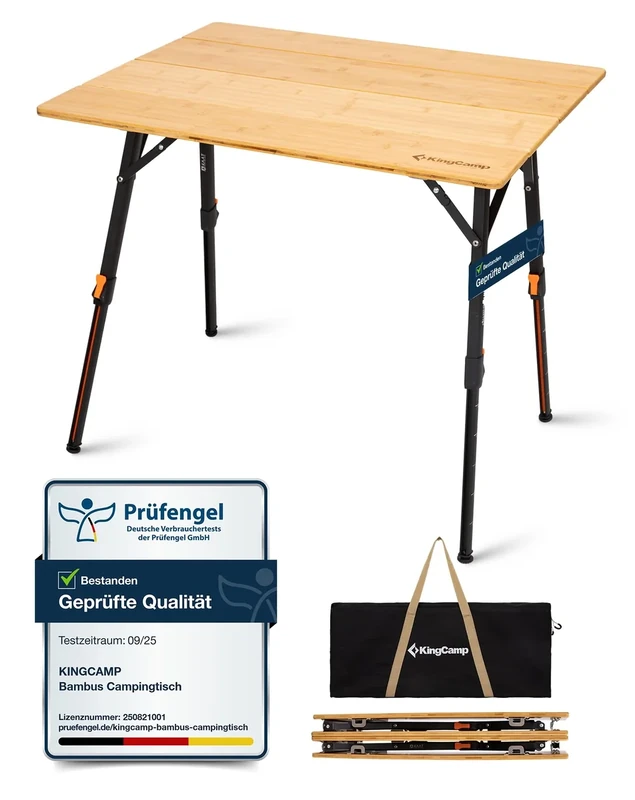 KingCamp Campingtisch Bambus 80 x 60 cm Klapptisch höhenverstellbar 42~70cm für 2-4 Personen 4 Falten Campingtisch Klappbar belastbar bis 80kg