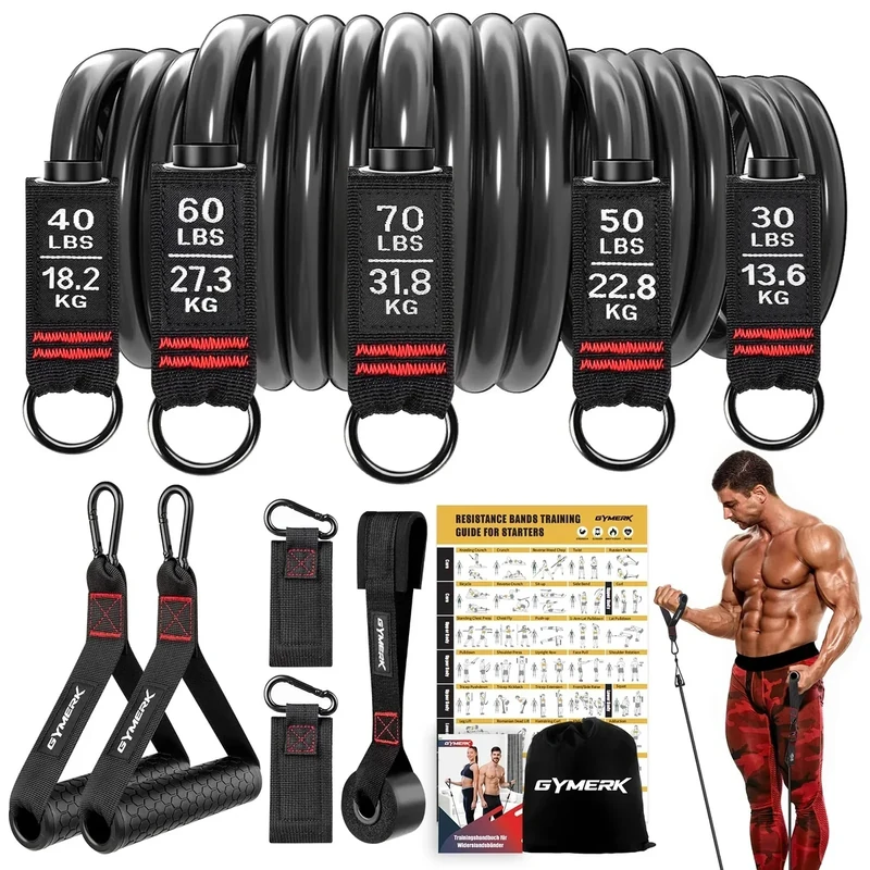 GYMERK Resistance Bands Set, Expander Fitness Mit Gummigriffe, Trainingsplakat, Knöchelriemen, Türanker, Tragtasche, 5er Verschiedene Widerstandsstufen Ideal für Krafttraining