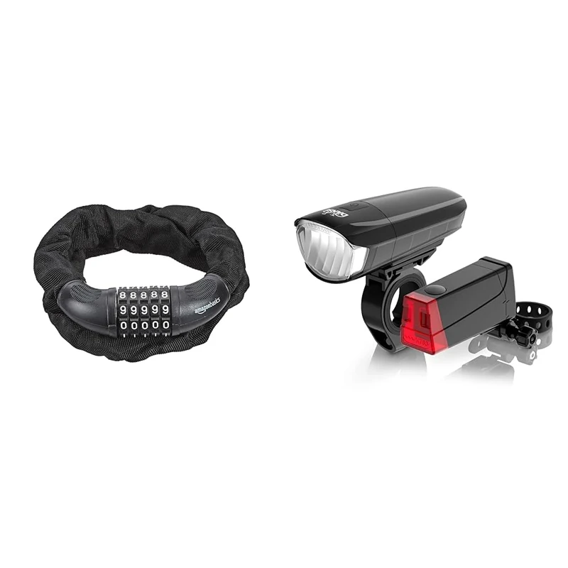 Amazon Basics Fahrrad-Kettensch Nummernschloss, 5-stellig, 97,2 cm, 1 Stück, schwarz & DANSI Fahrradleuchten-Set StVZO I LED-Fahrradlicht