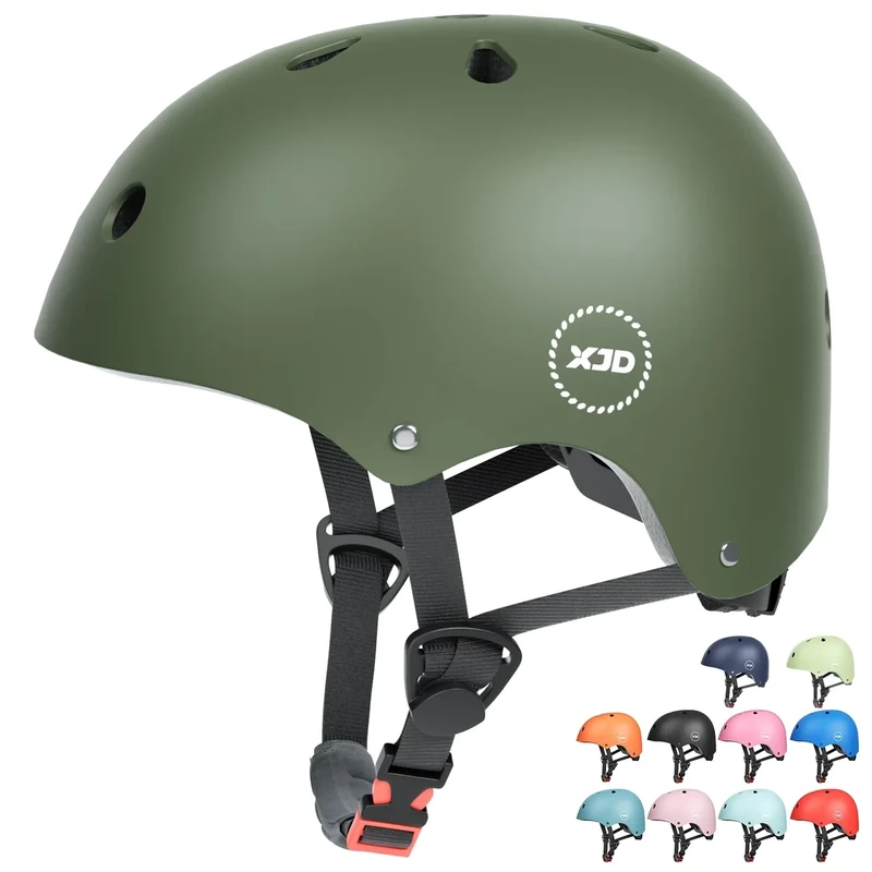 XJD Fahrradhelm Kinder Jugend Kinderhelm Einstellbare Skateboard Helm Skaterhelm für Fahrrad Skateboard Scooter Roller Kinderfahrradhelm für 3-13 Alt Mädchen und Jungen (M: 55-58 cm, Olivgrün)