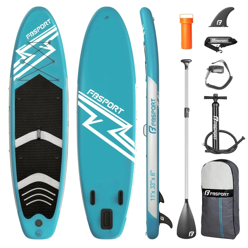 FBSPORT Aufblasbares SUP Board, Stand Up Paddling Board, Aufblasbare Stand Up Paddle Board für Stand-Up Paddling 15CM Dick, Surfbrett Kit mit Verstellbares Aluminium SUP Paddel+Pumpe(Lakeblue)