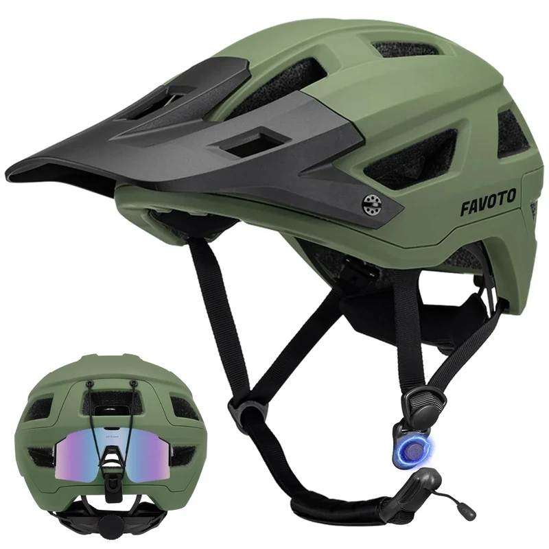 Favoto Mountainbike Fahrradhelm mit Schirm Leicht - Doppelte Inmould Technologie MTB Helm für Damen Herren Rennradhelm L(59-61cm) Verstellabr Armeegrün