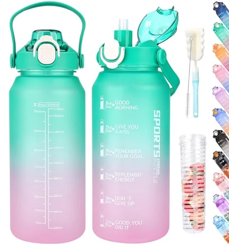 AOPREL Trinkflasche 2l, Wasserflasche mit Strohhalm & Früchtebehälter, Trinkflasche Sport Kohlensäure Geeignet, BPA Frei Auslaufsicher Sportflasche mit Zeitmarkierung für Fitness, Yoga und Outdoor