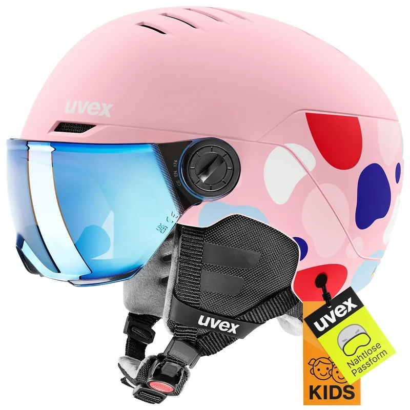 uvex Rocket jr Visor - robuster, optimal belüfteter Skihelm mit beschlagfreiem Visier für Kinder - pink Abstract matt - 51-55 cm
