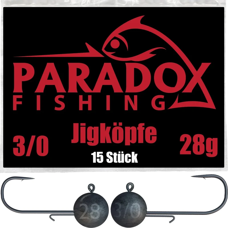 Paradox Fishing Jigköpfe Set 15x 28g 3/0 I Jig Köpfe Gummifisch mit Jighead für Gummifische Barsch Hecht Zander Angelzubehör