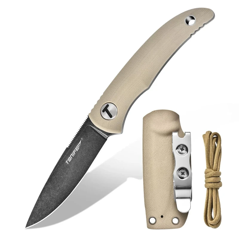 TONIFE Nova Neck Knife mit Scheide Lanyard und Clip, 68mm Feststehendes Klinge Kleine Hals Messer Neck Knife für Outdoor Edc (Warmer Sand+Schwarz Oxid dann Stonewash)
