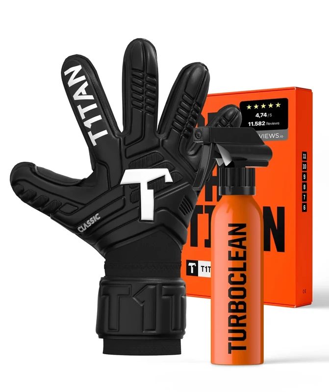 T1TAN Classic 1.0 Black-Out (FP) + Turbogrip - Torwarthandschuhe und Handschuhreiniger - mit Fingerschutz - Fußballhandschuhe für Torhüter - Größe 6