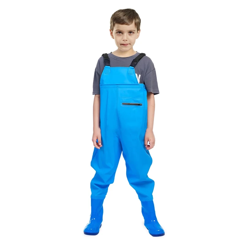 VicBre Kinder-Wathose für Jungen und Mädchen, Reißverschlusstasche,Verstellbare Träger,Rückenschnalle Design,Wasserdichte Regenhose mit Stiefeln, Wathose für Jugendliche,Blau,27