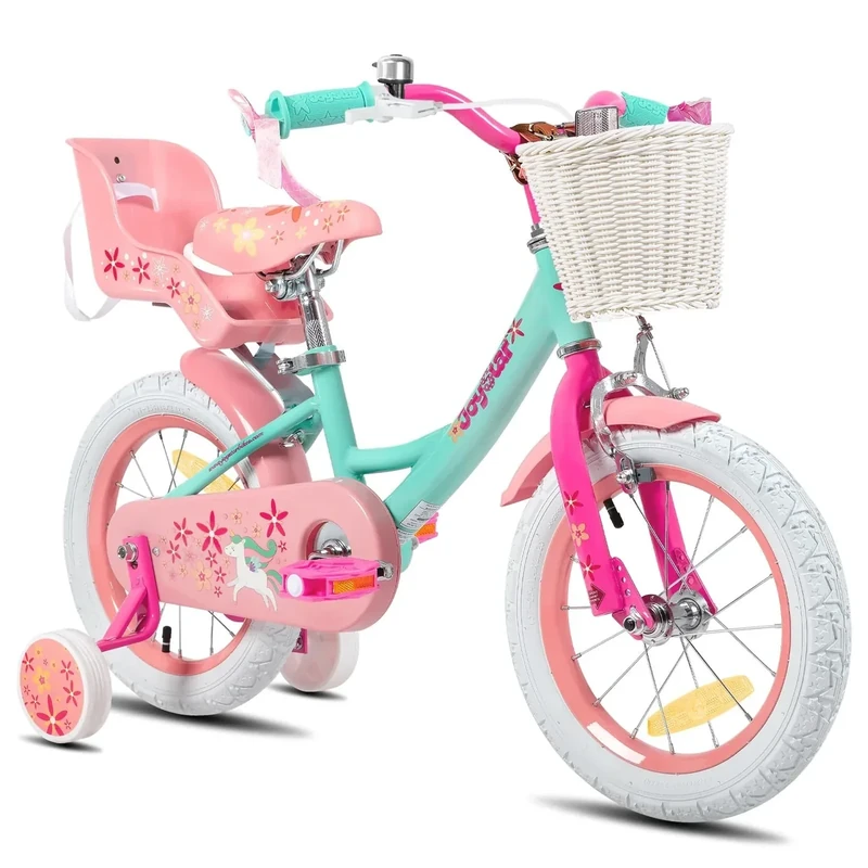 JOYSTAR Einhorn 16 Zoll Kinderfahrrad für 5-7 Jahre Mädchen, Kinderfahrrad mit Puppenfahrradsitz & Stützrädern, Grün