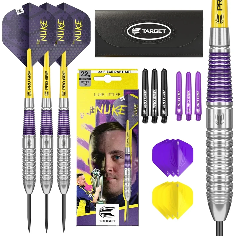 Target Darts Luke Littler Brass Soft Tip Darts Set – 19G-Pixel-Tip-Dart, Nuke-Player-Edition-Dart-Set, Dart-Flüge, Schäfte und Dart-Etui enthalten | Professionelles Dart-Zubehör