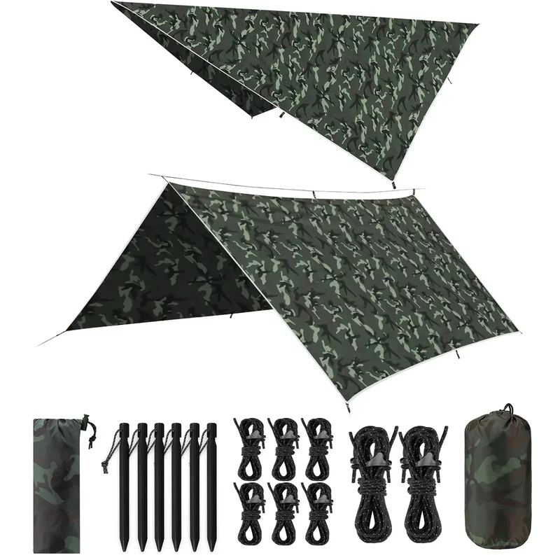 VOSOIR Tarp 3x3M Wasserdicht, Ultraleicht Camping Zeltplane, mit 9 Öse+6 Aluminiumstifte+8 Nylonseile, Anti-UV Schnee Regen Schutz, Leicht Kompakt, für Hängematte Camping Picknick(Tarnung)