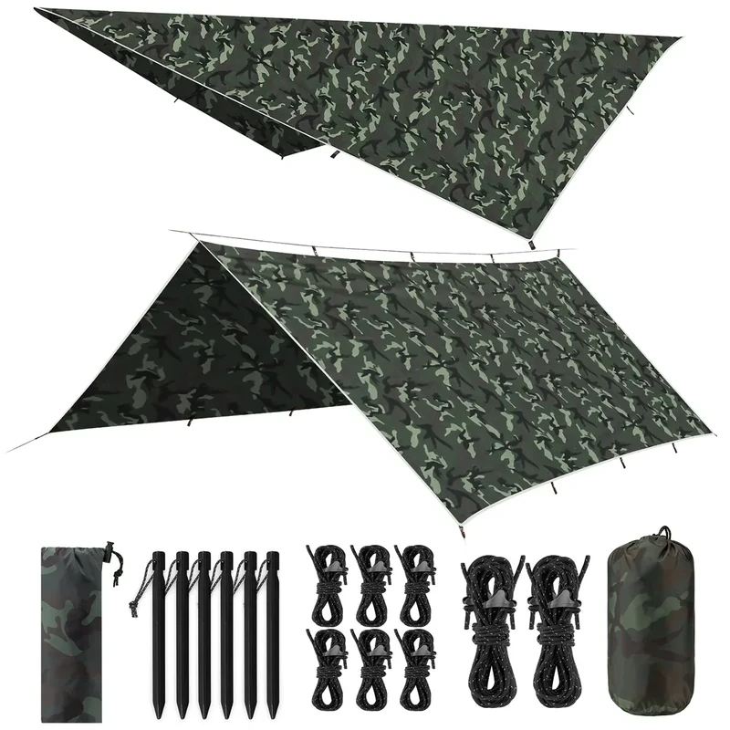 VOSOIR Tarp 3x4M Wasserdicht, Ultraleicht Camping Zeltplane, mit 15 Öse+6 Aluminiumstifte+8 Nylonseile, Anti-UV Schnee Regen Schutz, Leicht Kompakt, für Hängematte Camping Picknick(Tarnung)