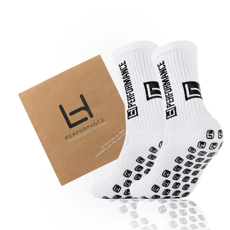 LHP Premium Fußball Socken 2 Paar Weiß L 42-47 – Anti-Rutsch Grip-Socken mit Kompression Unisex – Rutschfeste Sportsocken für Fußball Handball Tennis
