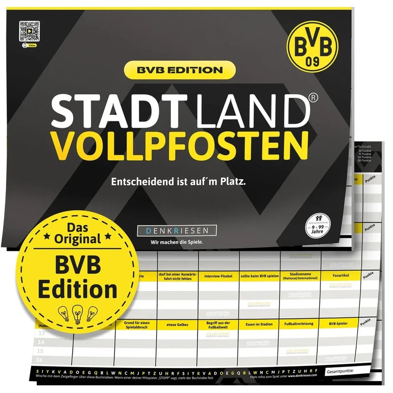 DENKRIESEN - Stadt Land VOLLPFOSTEN® - BVB Edition - 'Entscheidend ist auf'm Platz.' - DIN A4 Spielblock | ab 9 Jahren | 50 Blatt | BVB-Fanartikel | Borussia Dortmund | Fußballfans | Quiz