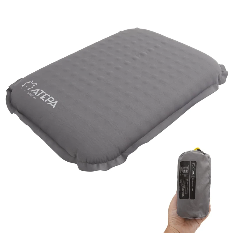 ATEPA Sitzkissen Outdoor, Faltbar Aufblasbar Stadion Flugzeug Unterwegs Camping Wander Bürostuhl Ultraleicht Memory Foam Selbstaufblasend Sitzkissen, Grau