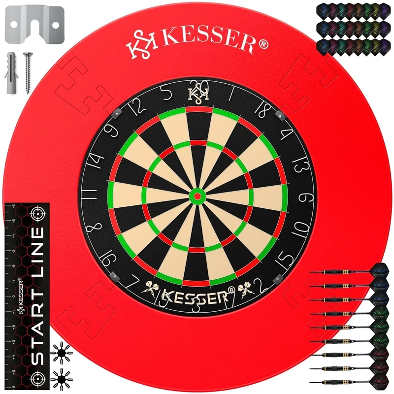 KESSER® Dartscheibe Kork mit 9 Dartpfeile Professional Dartboard 21 Pro Flights Steeldart Offizielle Dartscheibe 9 Pfeilen Metallspitze Profi Steeldartscheibe inkl. Dartscheibenring & Montageset Rot