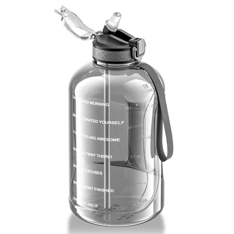 GLEKGLEK 3 Liter Trinkflasche Sport mit Strohhalm BPA Frei Zeitmarkierungen Große Wasserflasche für Gym Workout Training (Grau)
