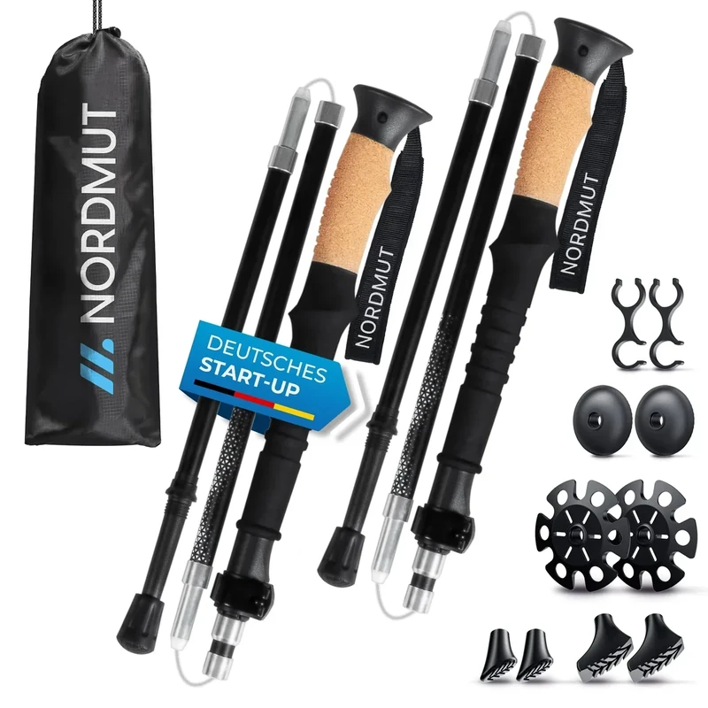 NORDMUT® Wanderstöcke faltbar ab 1,65m aus stabilen Aluminium - Leichte Faltbare Wanderstöcke mit ergonomischen Griffen - Robuste Trekkingstöcke mit kompakten Packmaß inkl. Gummipuffer Set