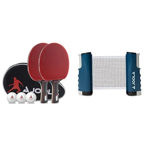 JOOLA Tischtennis Set Duo PRO 2 Tischtennisschläger + 3 Tischtennisbälle + Tischtennishülle & ausziehbares tragbares Tischtennisnetz Connect, Set – Spielen Sie Tischtennis überall, blau, M