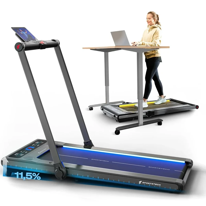 Sportstech sWalk Plus 2in1 Walking Pad klappbar bis 12 km/h, Laufband für Zuhause klappbar, Walking Pad mit Steigung, LED, Bluetooth App, 3,5 PS Motor, bis 130 kg, Laufband für Zuhause