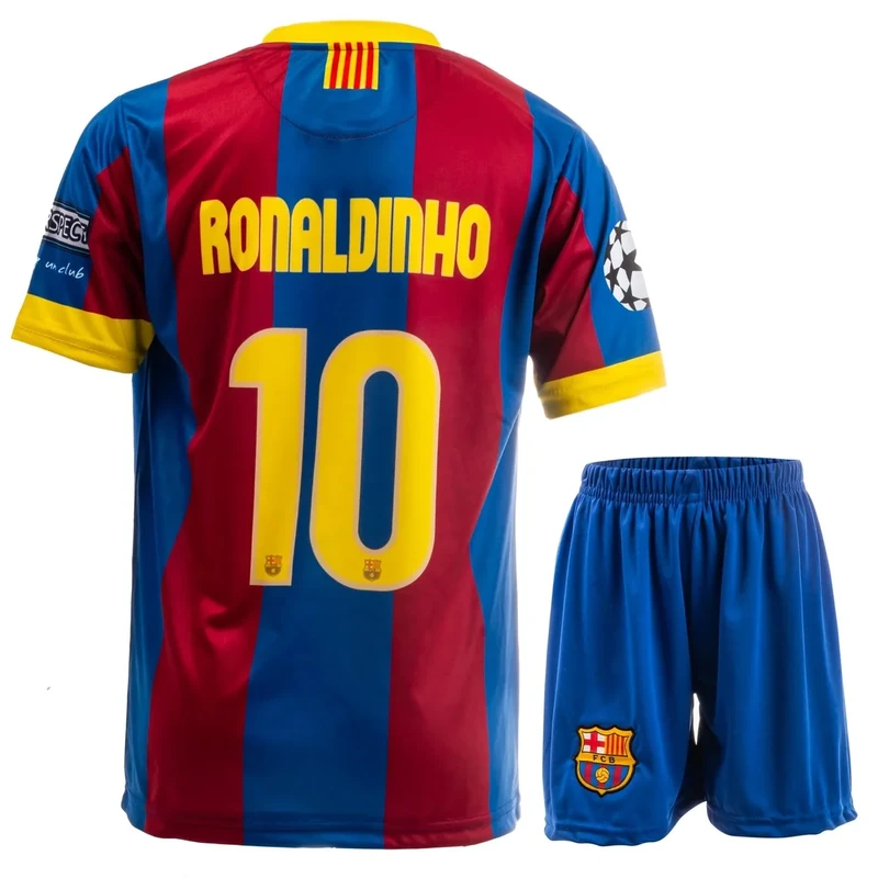 NIHMEX Barcelona Legende Ronaldinho #10 Retro Seltenes Fußball Kinder Trikot Shorts Set Jugendgrößen (Ronaldinho Blau,164)