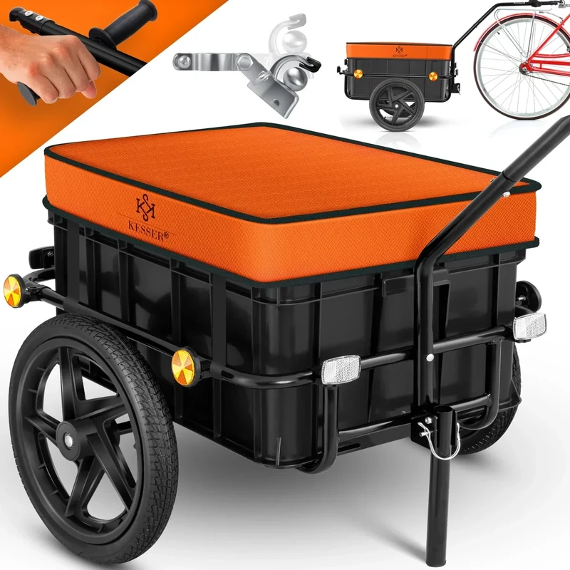 KESSER® Fahrradanhänger, Lastenanhänger, Handwagen mit Kupplung, Hochdeichsel, für Fahrrad Transportanhänger Transportbox mit 70 Liter Volumen, Max. 60kg, + Zubehör für Fahrräder mit 26-28, Orange