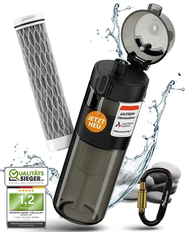 BERGKVIST® Outdoor Wasserfilter Flasche FJÄLLKLAR (500 ml) - Trinkflasche mit Filter von AHLSTROM® für sauberes Trinkwasser beim Campen, Wandern & Survival-Abenteuer - Schwarz