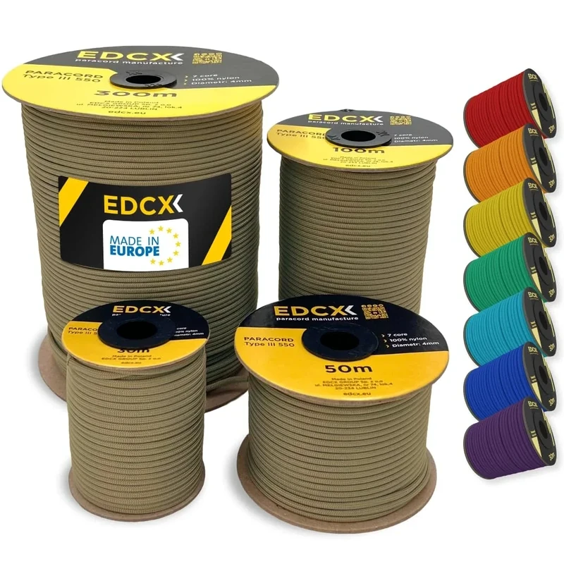 EdcX 4 mm Nylon Paracord 550 50 m (165 Fuß) – Typ III, 100% Nylonseil, 7-strängiges Seil, 4 mm Nylonseil in Volltonfarben (Light Khaki, 50 m)