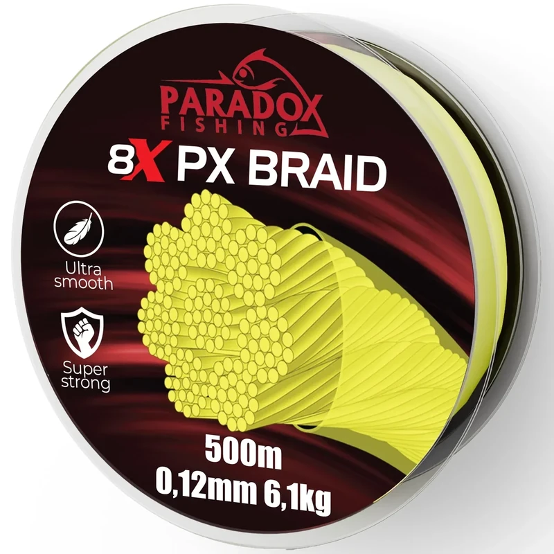 Paradox Fishing 8X PX geflochtene Angelschnur I Chartreuse gelb 500M - 0,12mm - 6,1kg – Angelschnur geflochten- 8fach eng geflochten – perfekt zum Spinnfischen