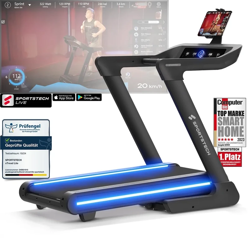 Sportstech Profi Laufband für Zuhause bis 20 km/h mit APP | große Lauffläche mit 17% Incline bis 150 kg | LED & 360° Tabletholder für Full Body Workout | sTread Lite Fitness Treadmill klappbar