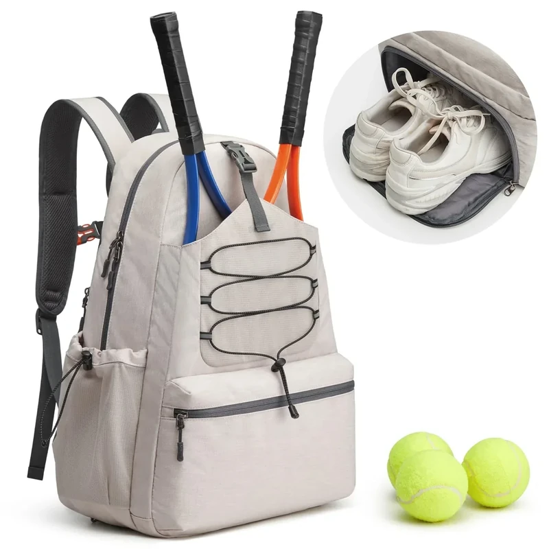 G4Free Tennistasche, Tennisrucksack für Damen und Herren, große Pickleball-Tasche, hält 4 Schläger mit Schuhfach, elfenbeinfarben, L, Lässiger Tagesrucksack