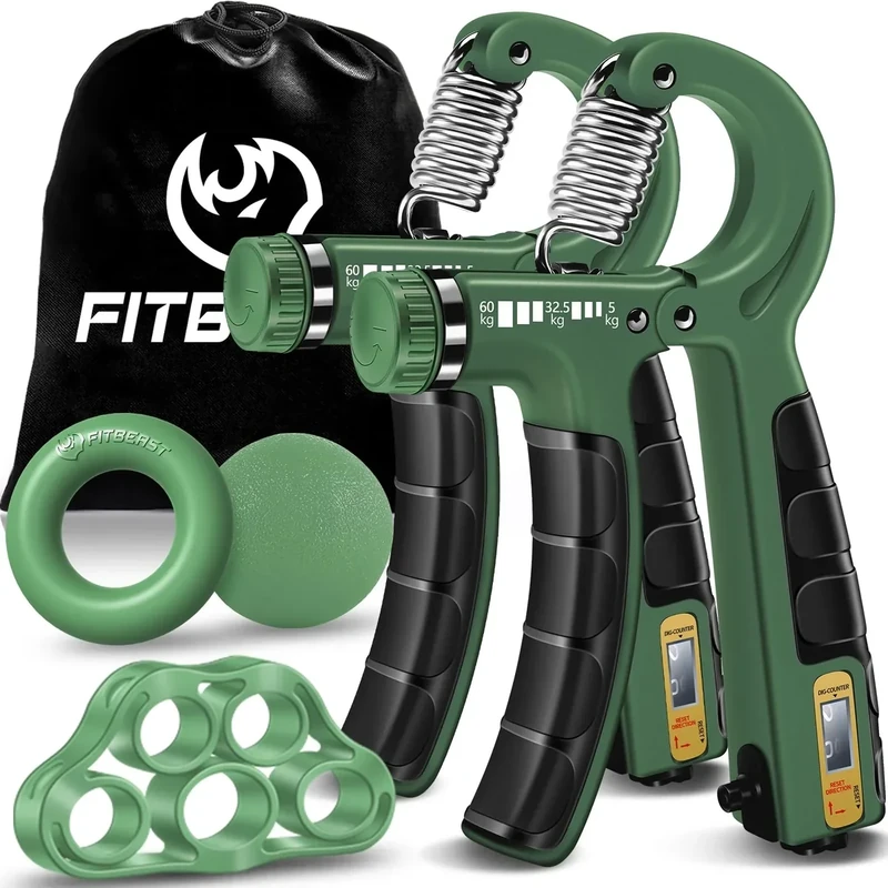 FitBeast Handtrainer Trainingsset (5-teilig), 2 Unterarmgriff Einstellbare Widerstand Handgreifer, Fingerdehner, Griffball & Stressabbau-Griffball für Athleten (Dunkelgrün)