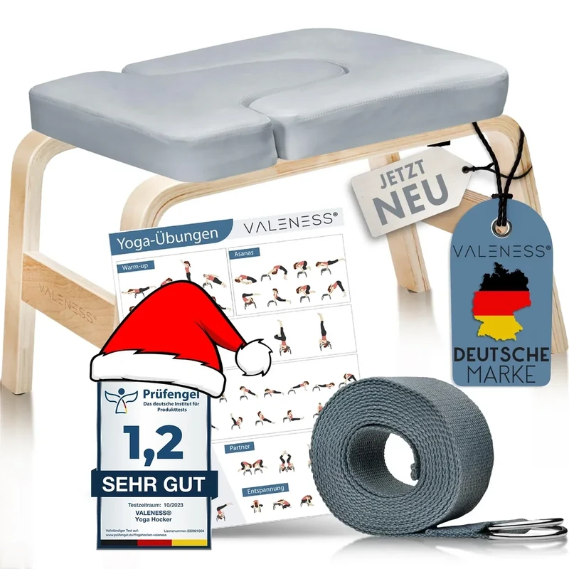 VALENESS® Yoga Kopfstandhocker - Hochwertiger Yoga Hocker inkl. Yogagurt, Yogablock & Übungsposter - Yoga Stuhl zur Handstand-Übung aus massivem Naturholz - (Textil grau, wasserabweisend)