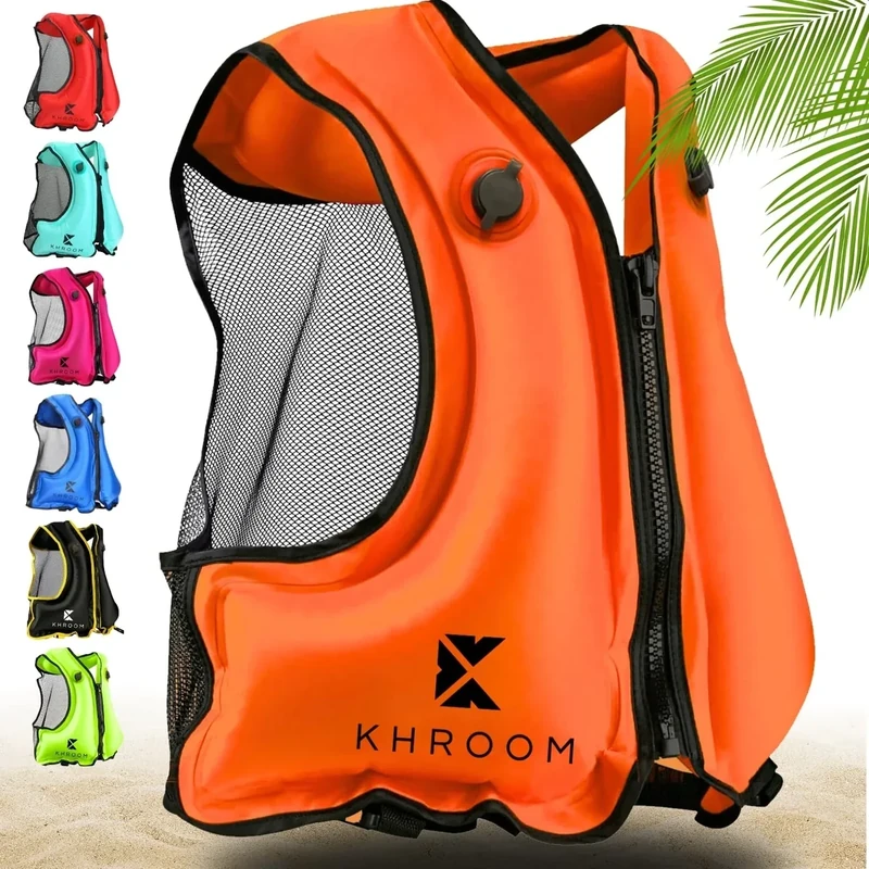 Khroom aufblasbare Schwimmweste Erwachsene nach neuester EU-Norm | 150-210 cm Körpergröße, bis 100 kg | Auftriebsweste Schnorchelweste ab Jugendliche | Schnorcheln, Kajakfahren und SUP (V2 Orange)