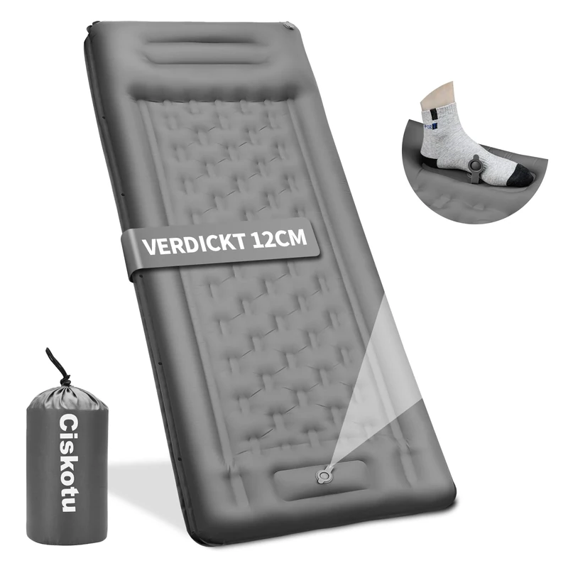 Ciskotu Aufblasbare Isomatte, 12CM Verdicktes Luftmatratze Camping mit Fußpumpe, Outdoor Isomatte Camping Ultraleicht Kleines Packmaß Campinng Schlafmatte Matratze für Hikenture, Trekking(Grau)