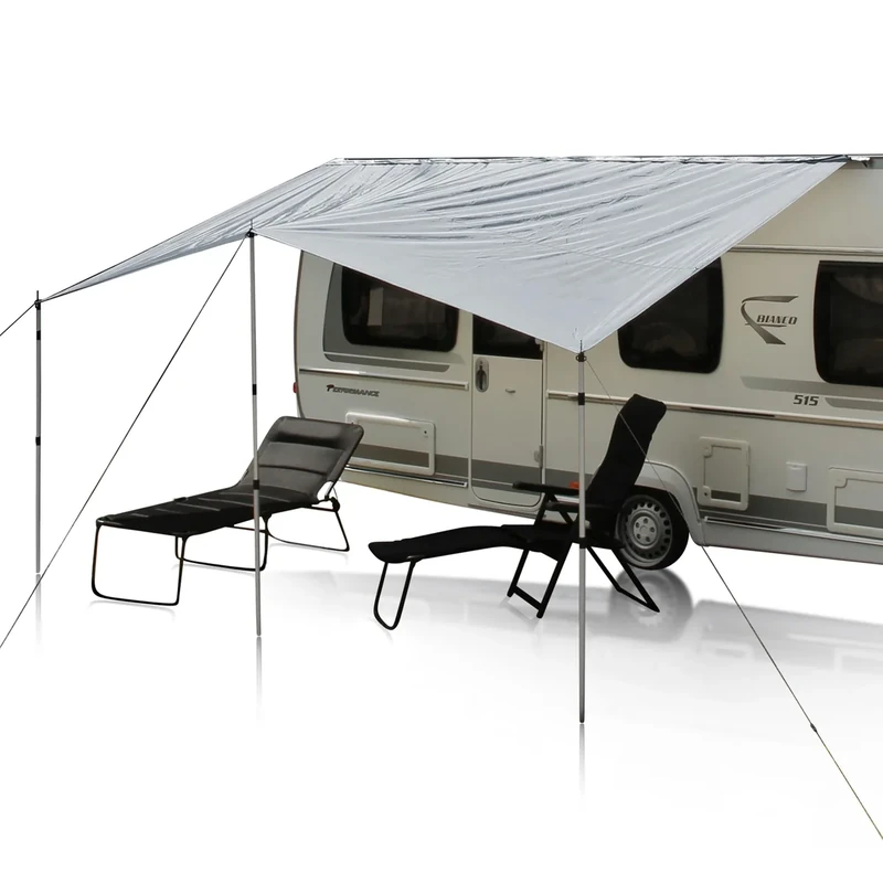 yourGEAR Wohnwagen Sonnensegel Caravan Tarp Sonnendach inkl. Aufstellstangen UV 50+ Schutz wasserdicht 5000 mm - Doppelkeder 7 mm und 5 mm (Grau, 450 x 240 cm) - Image 1