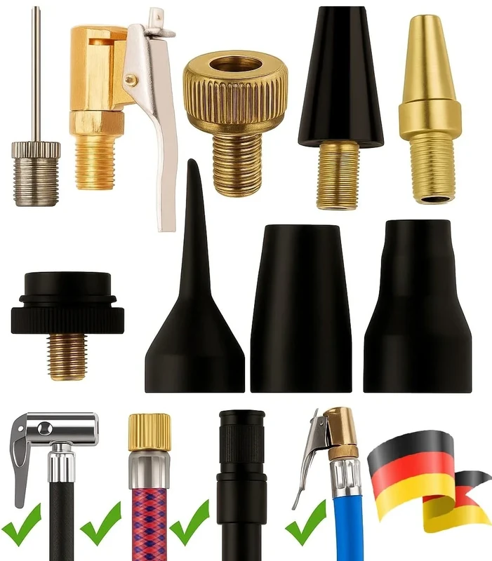 9-teiliges Druckluft-Kompressor-Düsen- und Adapter-Set – mit Ballnadel, Ausblaspistole, konischen Düsen, Messing- & Kunststoffadaptern – kompatibel mit Standard-Luftschläuchen und Reifenfüllgeräten